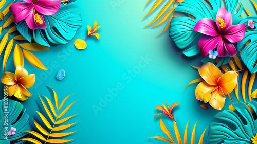 Frame made from beautiful pink and yellow hibiscus flowers and tropical palm tree leaves on a turquoise background. Summer floral backdrop with copy space. Banner, template, greeting card design.