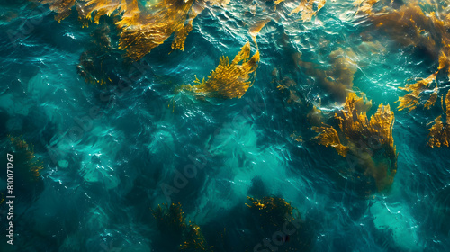 An aerial perspective of a kelp forest near the coast, showing the sprawling nature of the kelp from above, with the turquoise sea subtly shifting into deeper blues