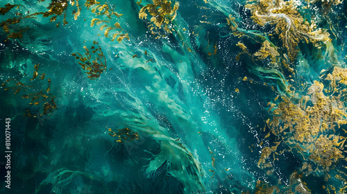An aerial perspective of a kelp forest near the coast, showing the sprawling nature of the kelp from above, with the turquoise sea subtly shifting into deeper blues