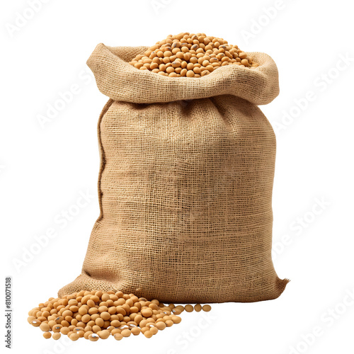 Soybeans in sack bag pour isolated on transparent background Generative Ai.