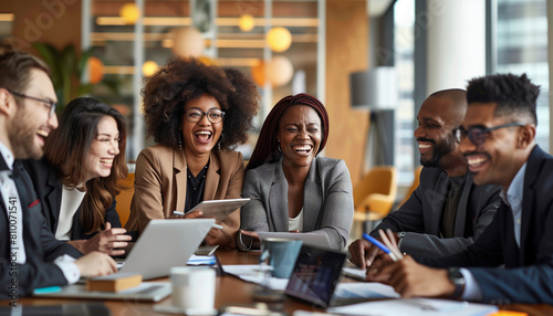 of a diverse group of businesspeople laughing together around a boardroom table, with digital devices and paperwork in front of them, Diverse team, businesspeople, multicultural pe