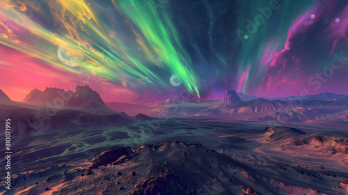 An artistic capture of the silent yet powerful interactions within the Earth's magnetosphere, featuring a colorful aurora over a remote desert landscape
