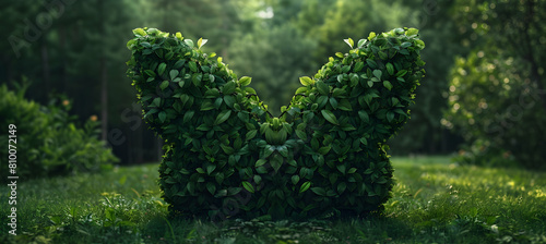 An artistic portrayal of a hedge trimmed into the shape of a butterfly, focusing on the wings' detail and the vibrant greenery, captured with an ultra HD camera in natural light