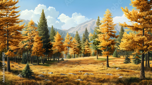 An autumn scene in a coniferous forest, with scattered larch trees turning golden among a sea of evergreens, under a clear blue sky