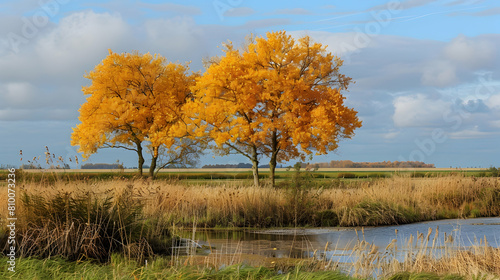 An autumnal polder landscape with trees shedding golden leaves, creating a colorful contrast against the typically green and blue backdrop