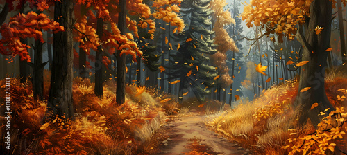 An autumnal scene in a deciduous forest with a mix of golden, orange, and red leaves falling gently to the forest floor, a narrow path meandering through