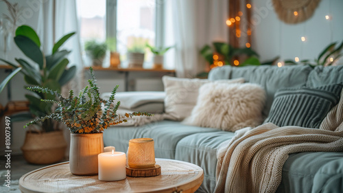 Create a cozy living space with soft textures and warm lighting.