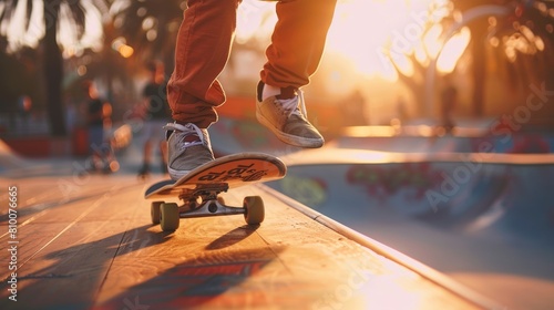 Skateboarder performing an impressive trick on a ramp at a bustling skate park
