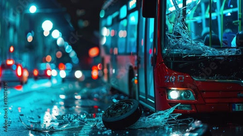 broken glass of a bus after an accident on road at night