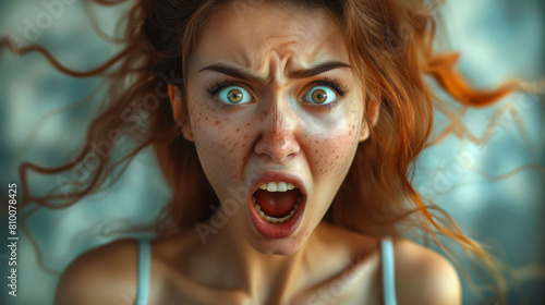 Close-up of the face of an angry screaming woman in casual clothes in a bright office. The red-haired woman screams aggressively. Concept of emotionality.