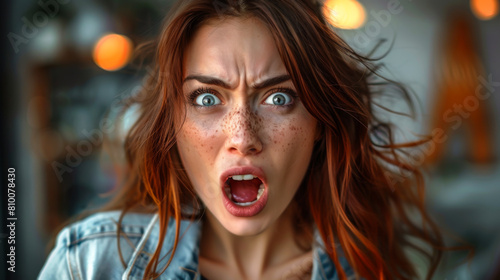 Close-up of the face of an angry screaming woman in casual clothes in a bright office. The red-haired woman screams aggressively. Concept of emotionality.