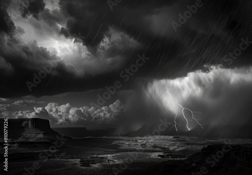 Thunderstorm over the desert, dark sky with lightning and rain.