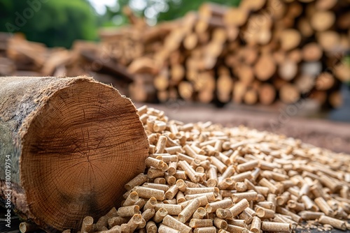 A stack of chopped wood sits beside a pile of logs in a woodpile setting.