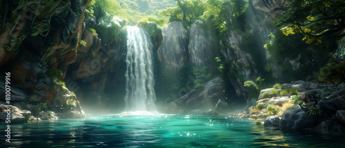A hidden waterfall cascading into a emerald-green pool