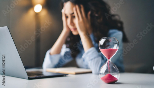 hourglass on office desk, time running out, stressed person with hands on head in background