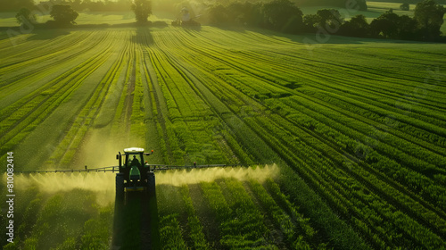 Modern agricultural equipment carries out chemical treatment on a green wheat field at sunset. A tractor sprays chemicals on a green field. Concept of agriculture, ecology.