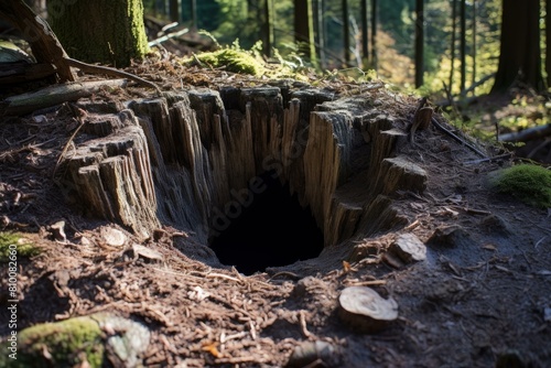 Captivating close-up of a hollow tree stump surrounded by forest underbrush