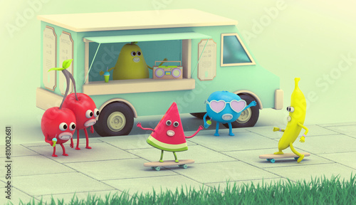3D illustration of food truck with cartoon fruit characters riding skateboards