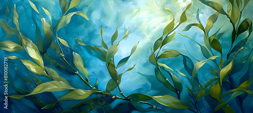 Close-up of kelp leaves gently swaying in the ocean current, highlighting their intricate texture and vibrant green color against a soft, blue background