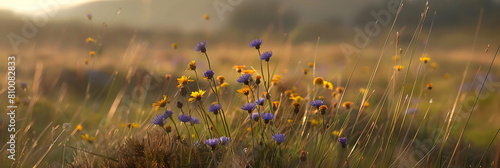 Close-up of rare wildflowers blooming on a heathland with a soft-focus background showcasing the extensive landscape