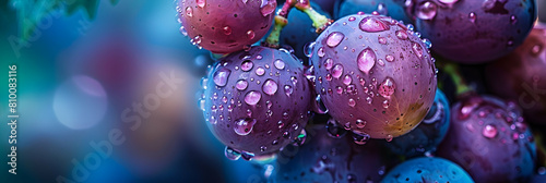 Close-up of ripe grapes on the vine with detailed texture visible, highlighting the vibrant colors and droplets of morning dew