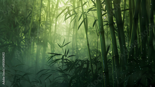 Dawn light filters softly through a dense bamboo forest, highlighting the mist and dew on slender green stalks
