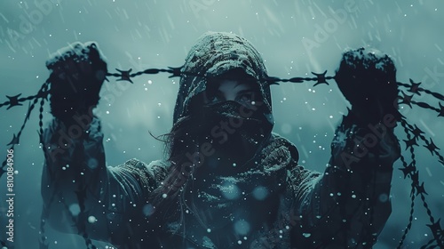Mysterious figure in hood holding barbed wire in the rain