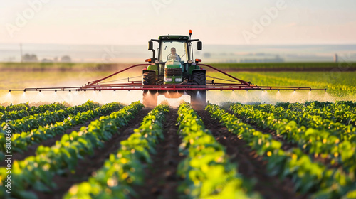 Modern tractor spraying herbicide before harvesting on an agricultural field. Agricultural equipment cultivates the field. Agriculture concept.