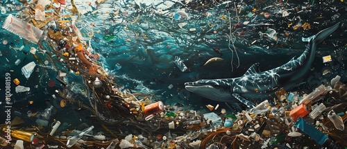 A pod of whales swims through a sea of plastic trash