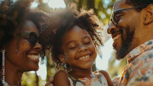 Close-up of a happy African American family with a child walking in the park enjoying the weather. A young man and woman with a child spend time together outdoors. Family concept.
