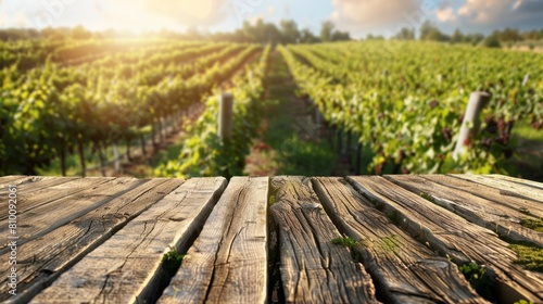 Wooden table top with copy space. Vineyards background hyper realistic 