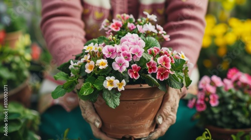 Gardener holding colorful primroses in flowerpot