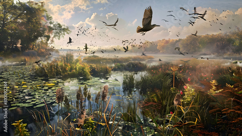 High-resolution image of a fenland with a diverse array of bird species, captured mid-flight over the natural wetland habitat
