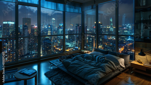 penthouse bedroom at night, with a sense of solitude and contemplation, overlooking the sprawling city lights