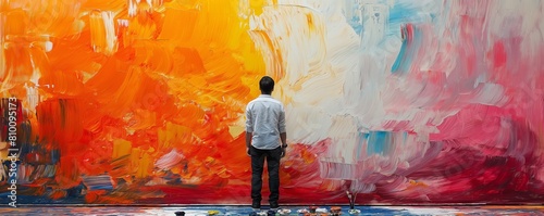 Man contemplating large vibrant abstract painting