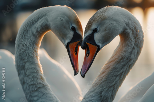 Two swans are facing each other with their beaks open, creating a heart shape