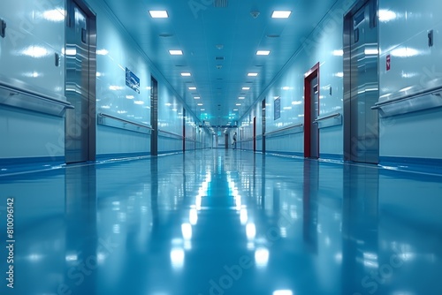 This image displays an elongated hospital corridor with a cool blue color scheme, symbolizing tranquility and sterility