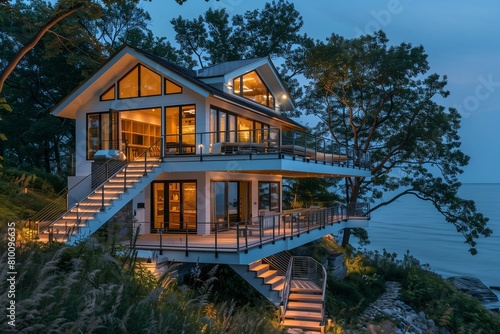 Classic Cottage with Floating Stairs and Burnished Gold Art Gallery, Nestled Against the Evening Sea Glow