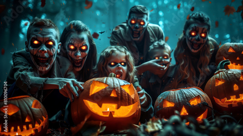 zombie family with glowing orange eyes with halloween pumpkins around them on scary dark forest background