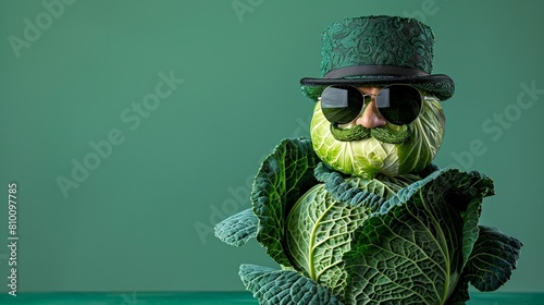 Elegant Cabbage Wearing Sunglasses and Bowler Hat, Space for Text Provided