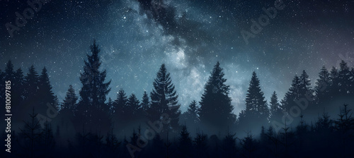 Nighttime in a coniferous forest under a starry sky, the silhouettes of pine trees against the Milky Way, capturing the tranquility and vastness of the wilderness