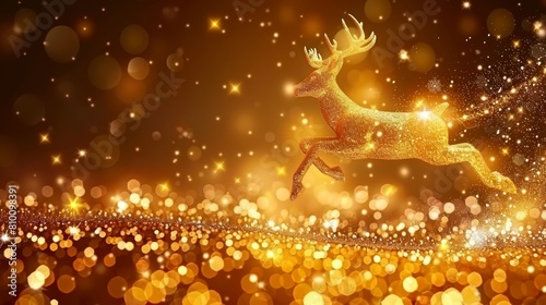  A golden reindeer leaps through the air, surrounded by sparkling lights, while the foreground features a bedazzled backdrop of lights