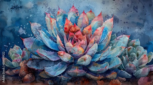 Vibrant watercolor painting of an agave plant with rich blue and red tones on a dramatic dark background.