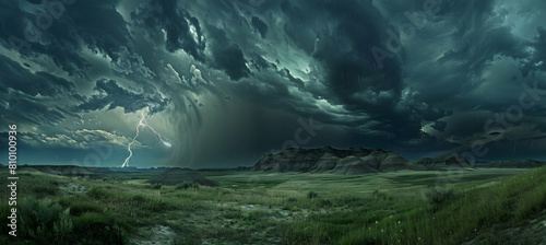 Summer thunderstorm unleashing over the badlands, with lightning striking distant peaks, captured in a moment of raw natural power