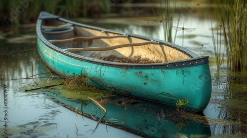 cerulean canoe stuck in the reeds on the edge of a tranquil swamp, overtaken by dragonflies