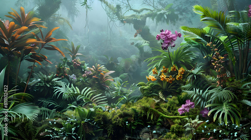 The diverse ecosystem of a cloud forest, highlighting a variety of ferns, orchids, and mosses thriving in the humid environment