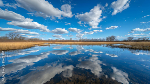 The mirrored surface of a vernal pool reflecting the vivid blue sky and fluffy clouds, shot with an ultra HD camera using a polarizing filter to enhance colors