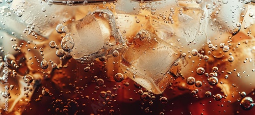 Cola with ice. Close-up of ice cubes in cola water. Texture of a carbonated drink with bubbles in the glass. Cola soda and ice splash fizzy or float on the surface. Cold drink background. 