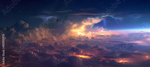 The rare sight of a stratospheric storm, with lightning illuminating thin, wispy clouds against a starry night sky