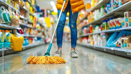Woman cleaning the floor with a mop in a store: close-up shot. Concept Close-up Shot, Indoor Cleaning, Store Environment, Mop Cleaning, Woman Worker